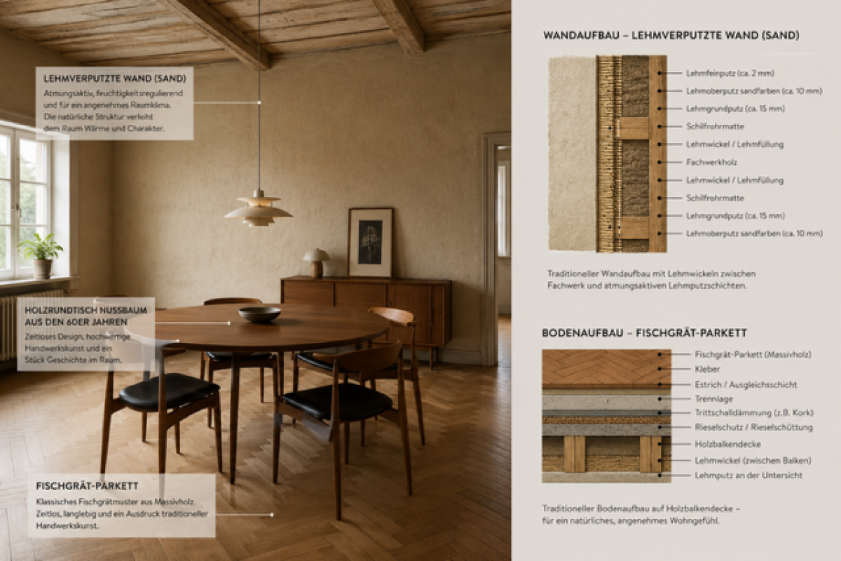 Essbereich mit Holztisch und bautechnischen Materialdetails
