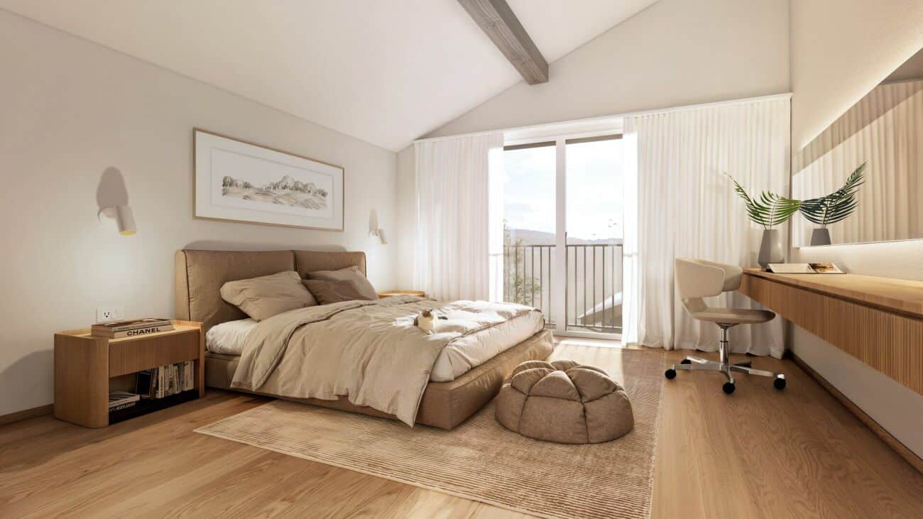 Helles Schlafzimmer mit modernem Arbeitsbereich