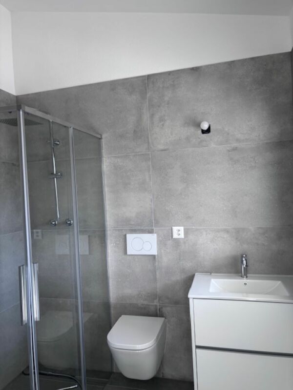 Modernes Badezimmer mit Dusche, WC und Waschtisch