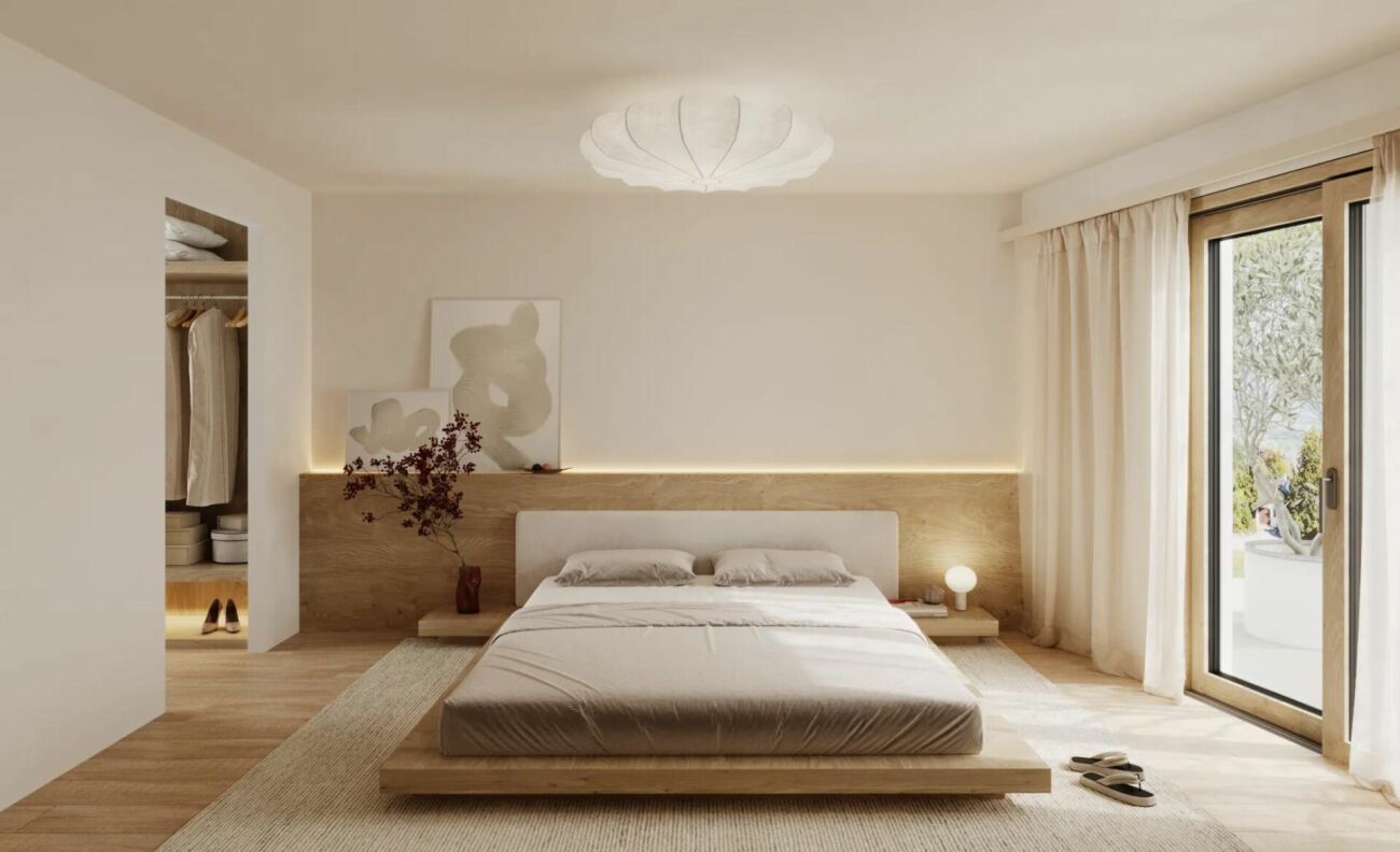 Helles Schlafzimmer mit Holzdetails