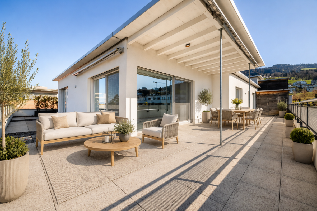 Große Dachterrasse mit Lounge- und Essbereich