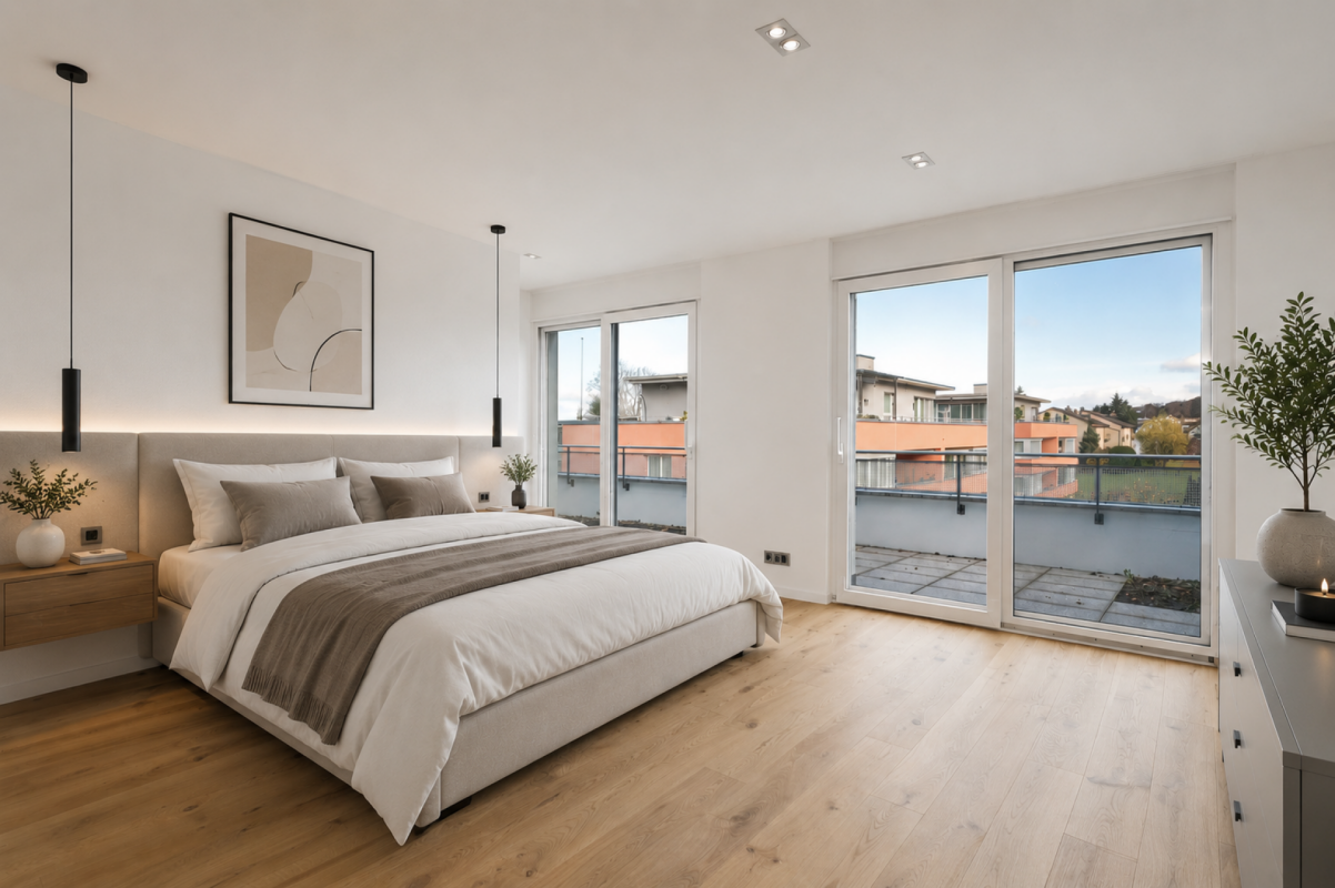 Helles modernes Schlafzimmer mit Balkonzugang