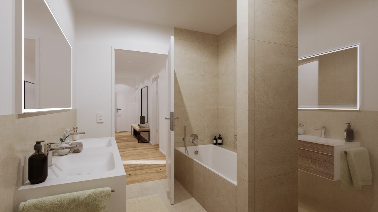 Modernes Badezimmer mit Doppelwaschbecken und Badewanne