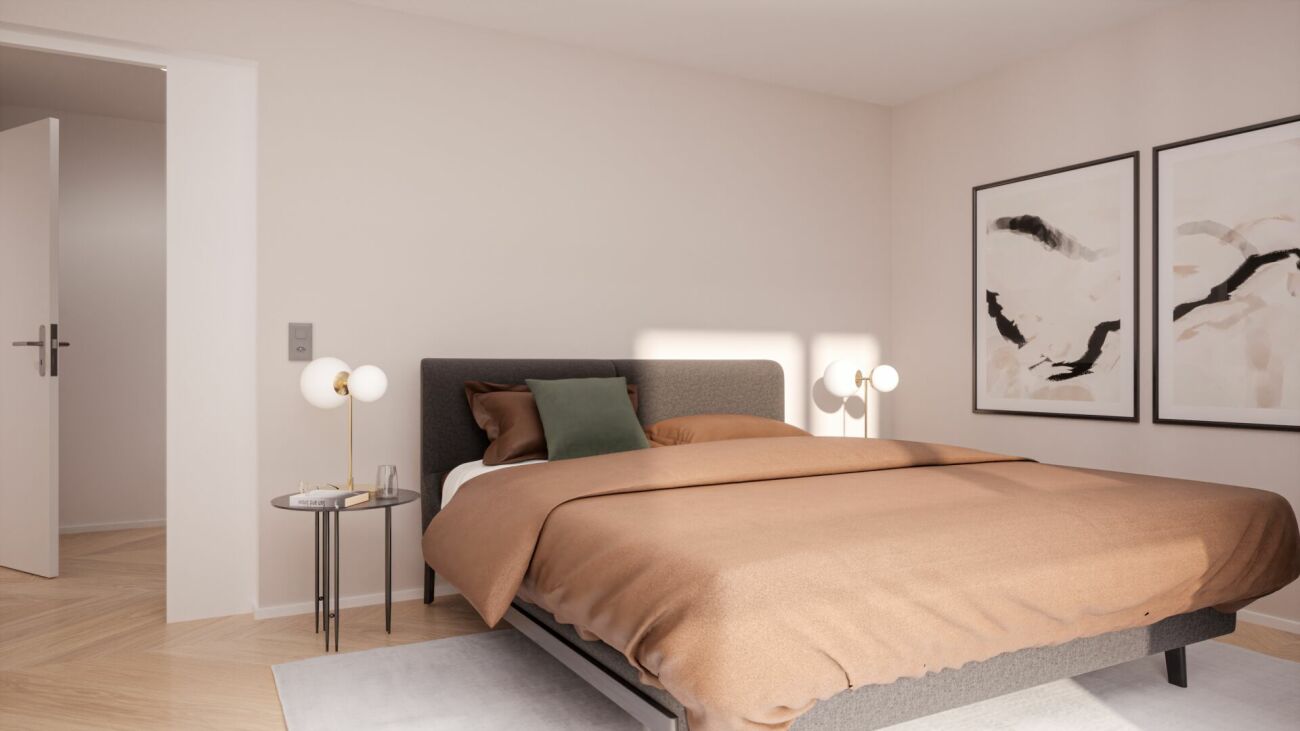 Helles Schlafzimmer mit modernem Staging