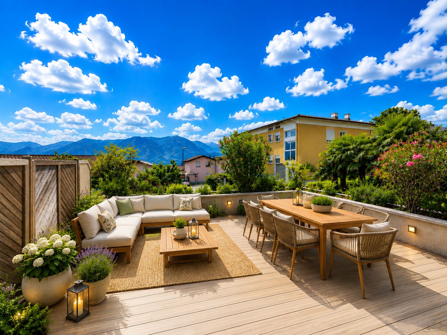 Großzügige Dachterrasse mit Lounge und Esstisch