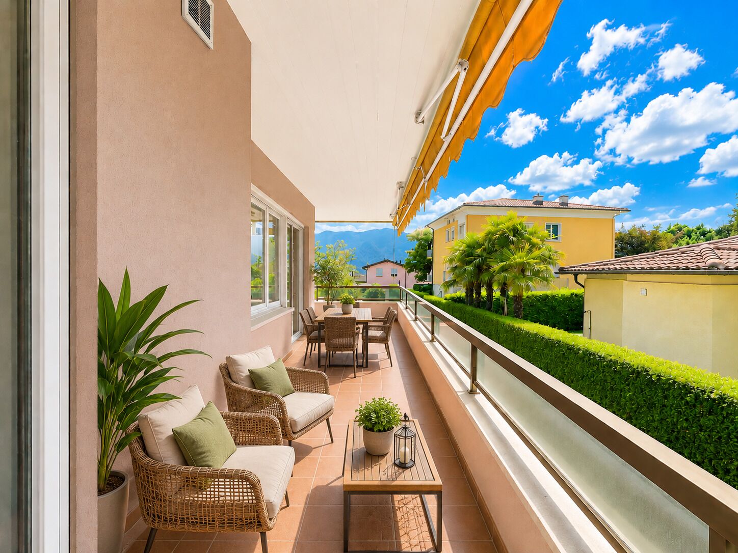 Balkon mit Sitzecke und Bergblick