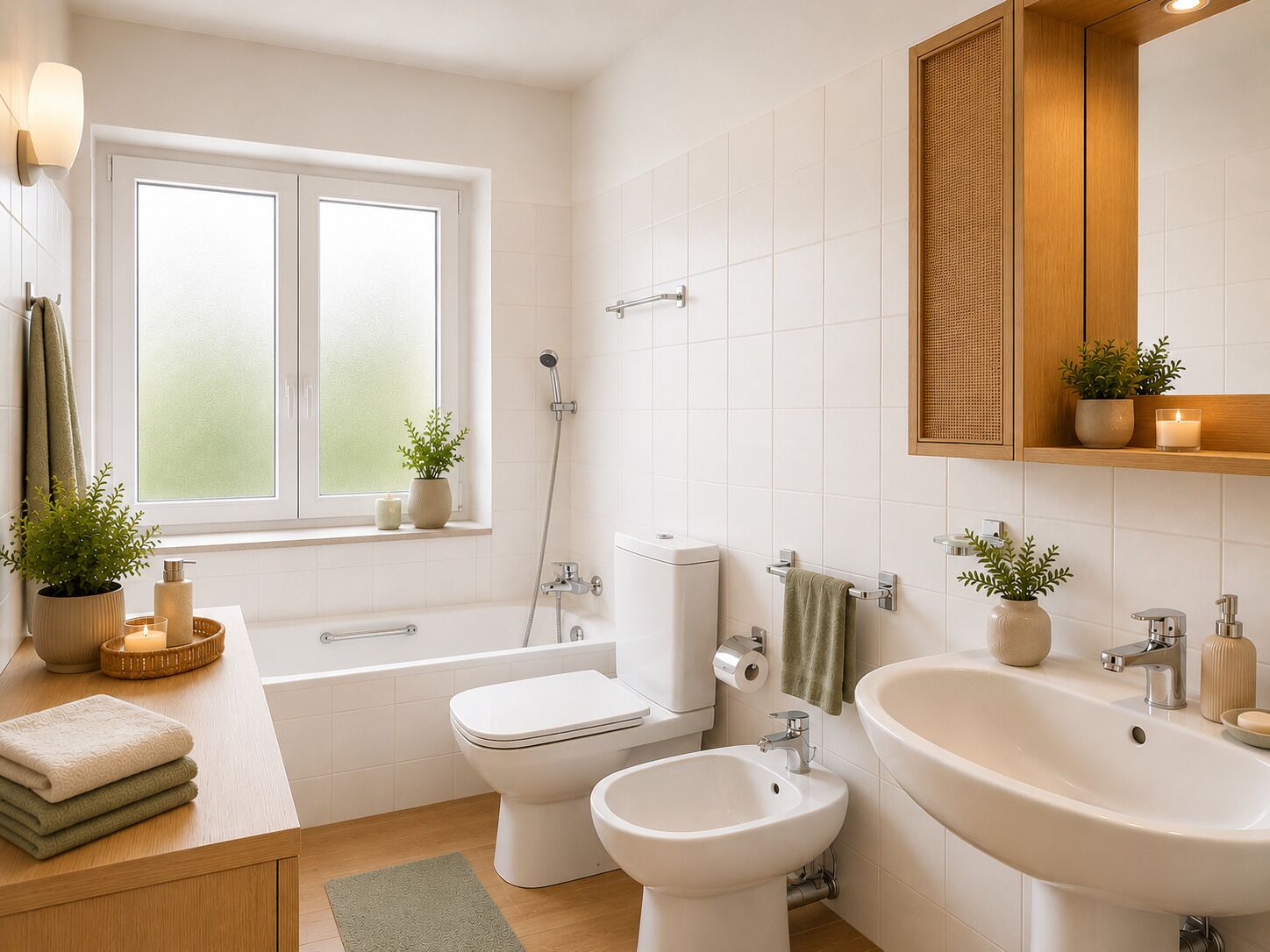 Helles, modernes Badezimmer mit Badewanne, Waschtisch und Holzdetails