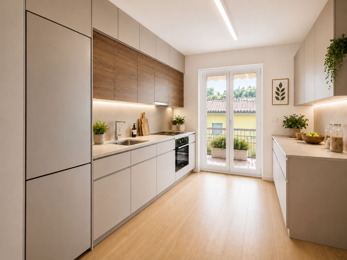 Moderne Küche mit Balkonblick