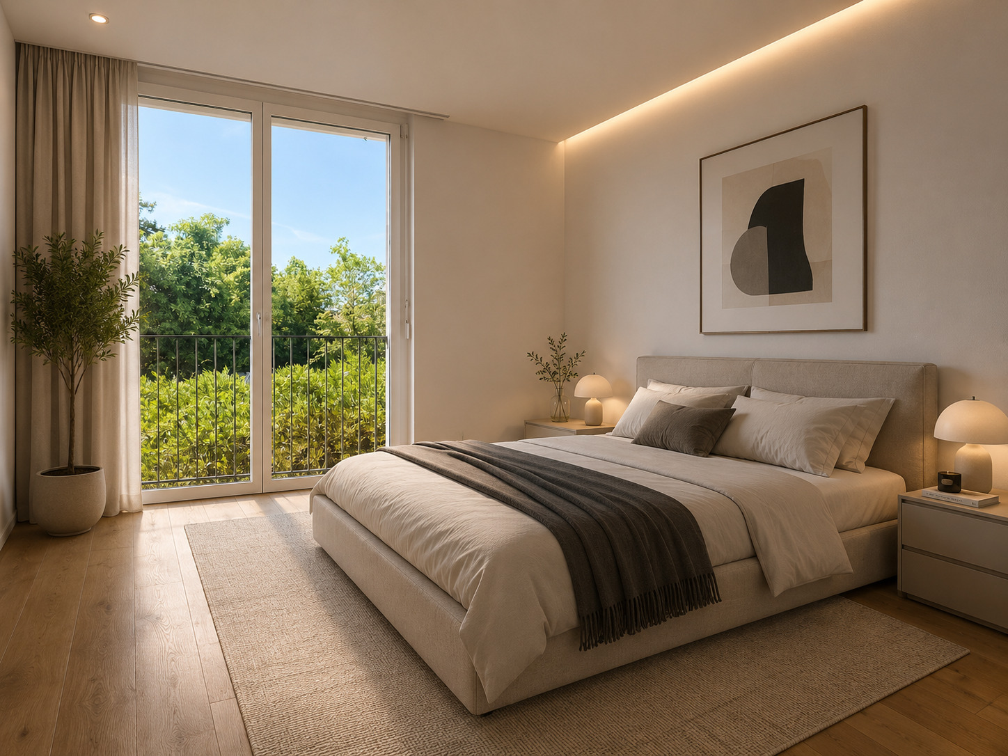 Helles Schlafzimmer mit Balkonblick