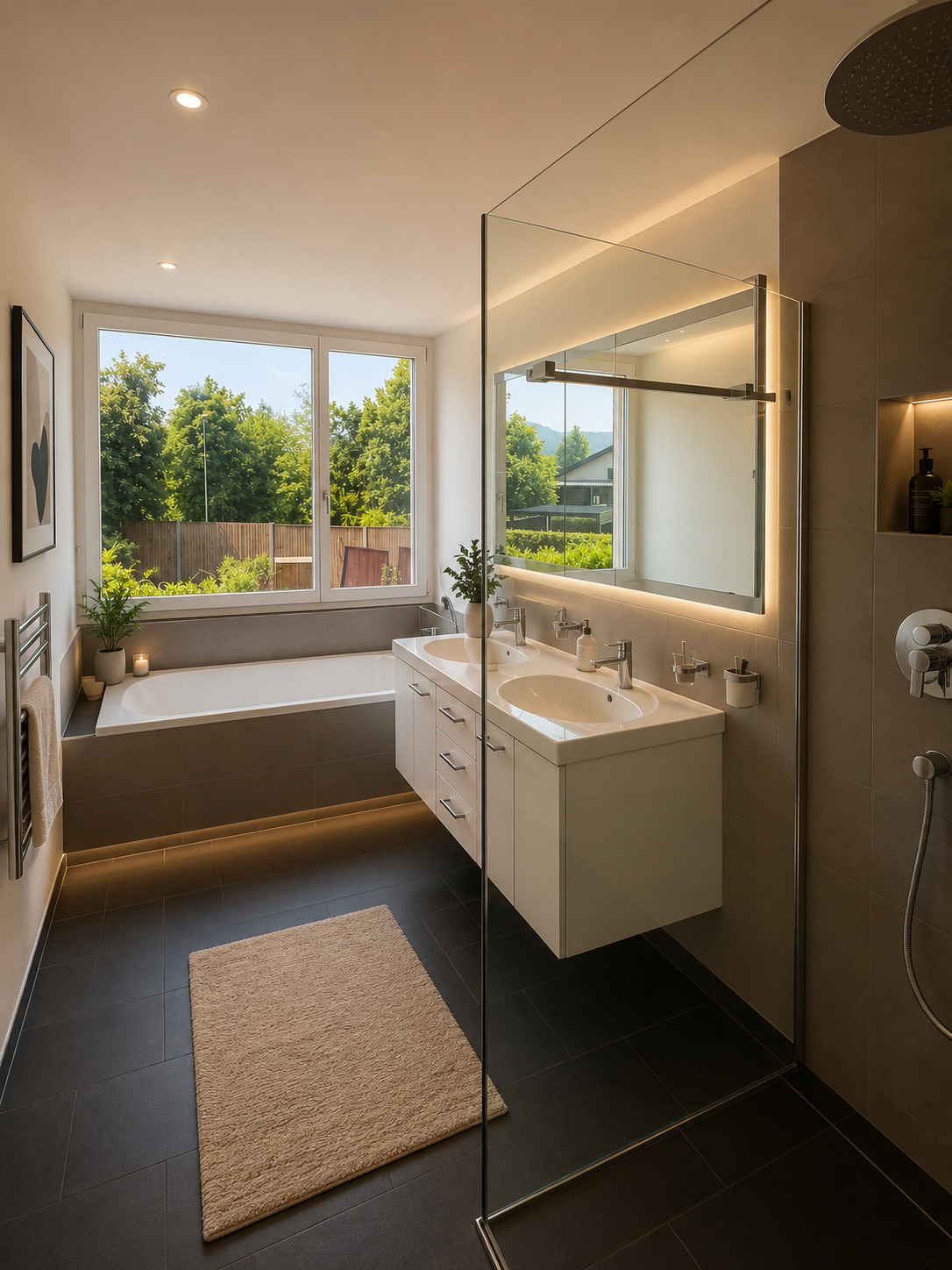 Modernes Badezimmer mit Doppelwaschtisch und Badewanne