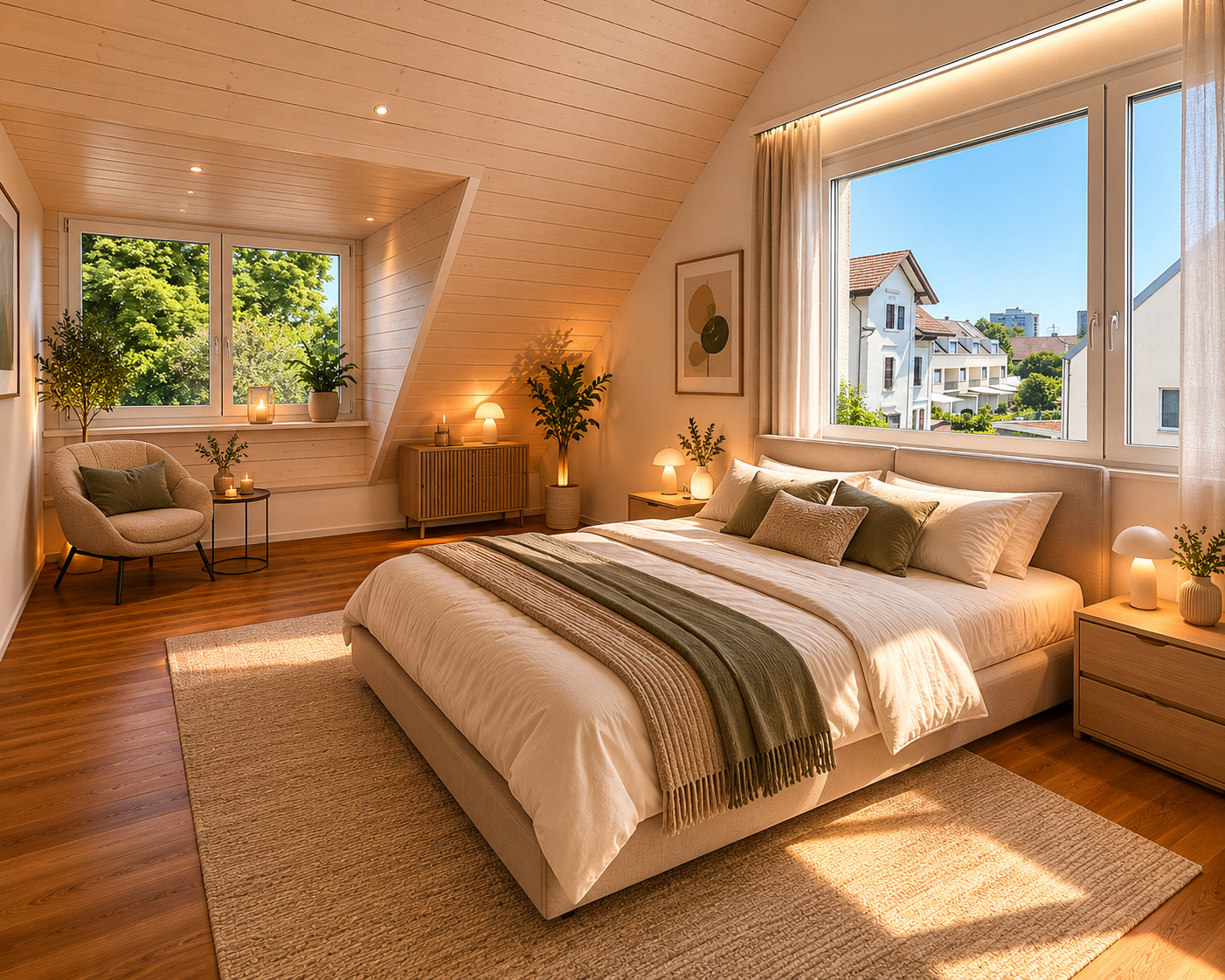 Helles, stilvoll eingerichtetes Schlafzimmer mit Dachschräge und Stadtblick