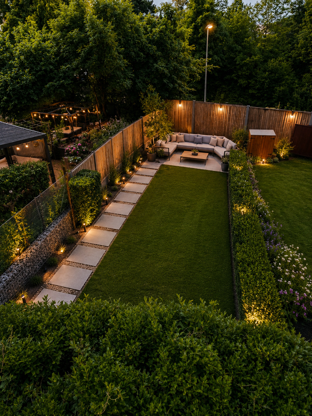 Beleuchteter Garten mit Lounge und Wegplatten