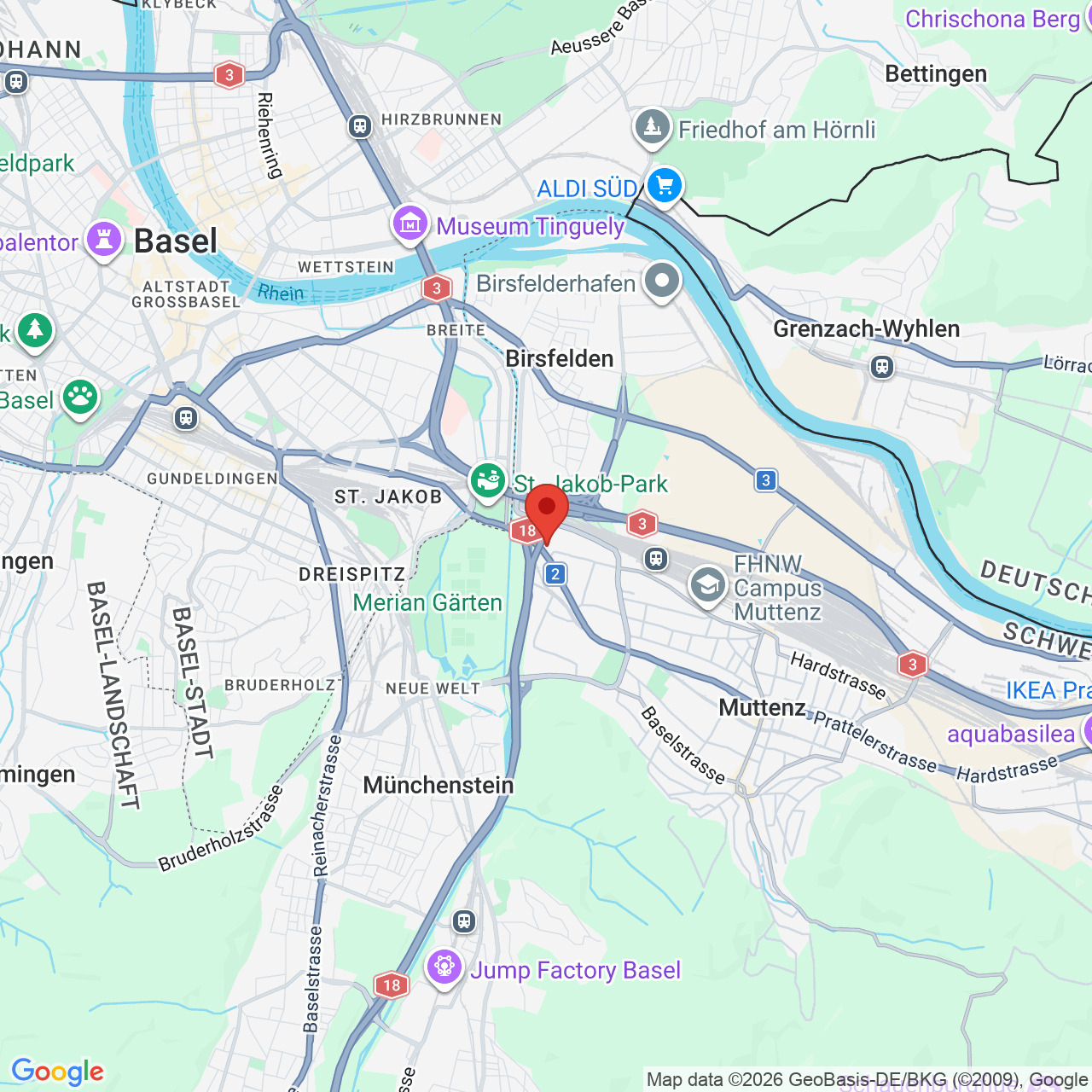 Kartenausschnitt mit Standortmarkierung in Basel