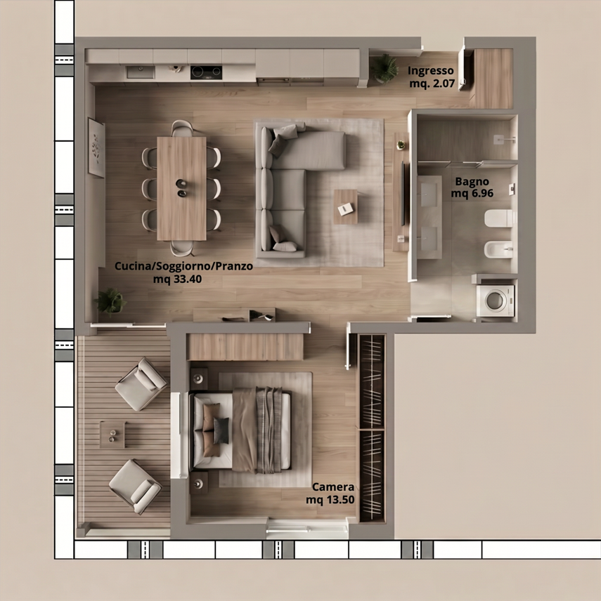 Grundriss einer Wohnung mit Wohn-Ess-Küche, Schlafzimmer, Bad und Loggia