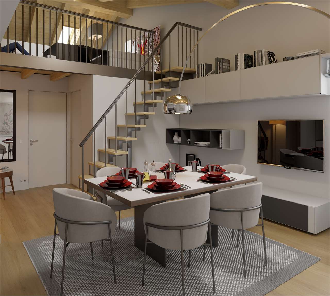 Modernes Esszimmer mit Galerie und Treppe