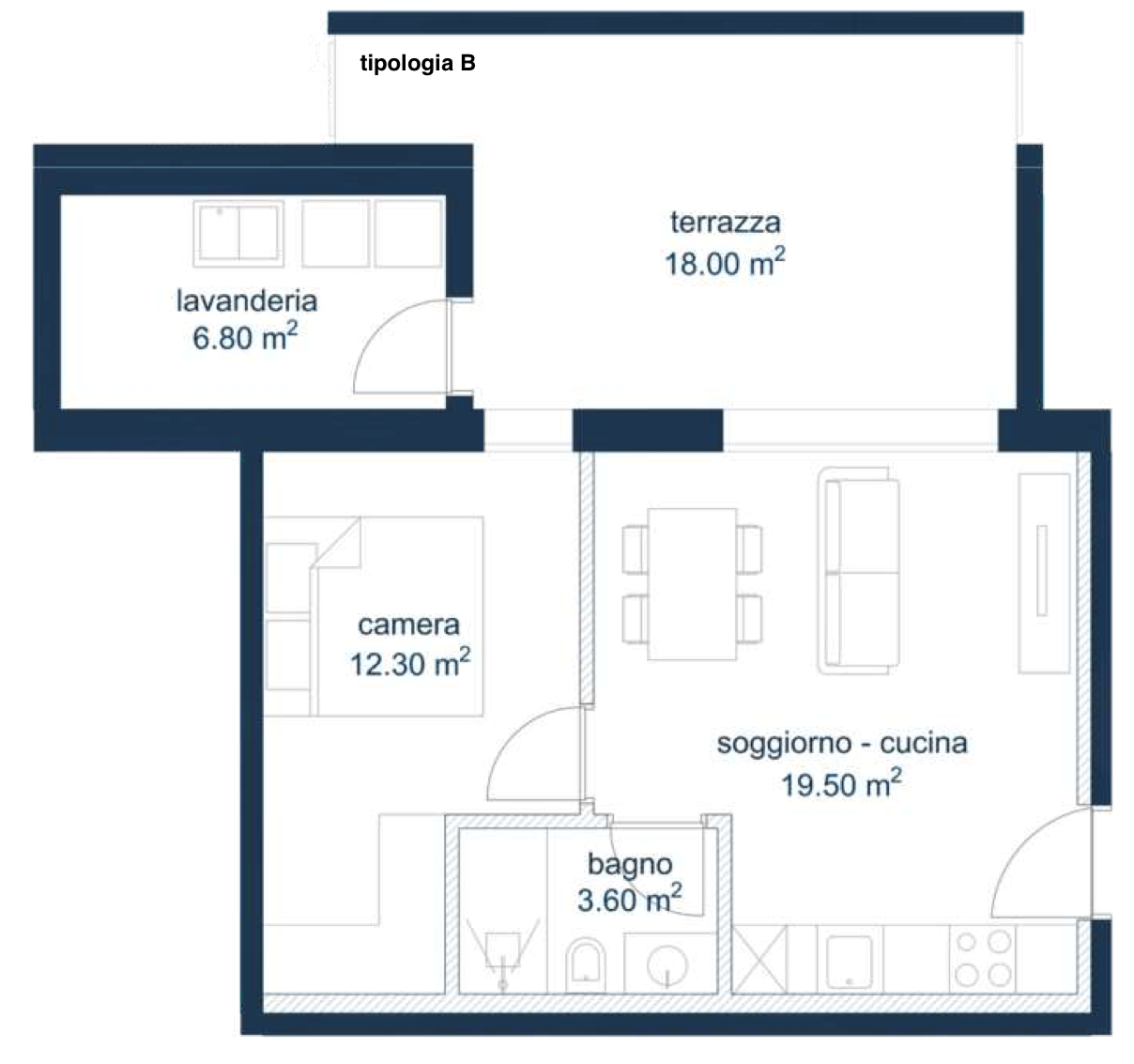 Grundriss einer Wohneinheit mit Terrasse, Schlafzimmer, Wohnküche, Badezimmer und Waschküche