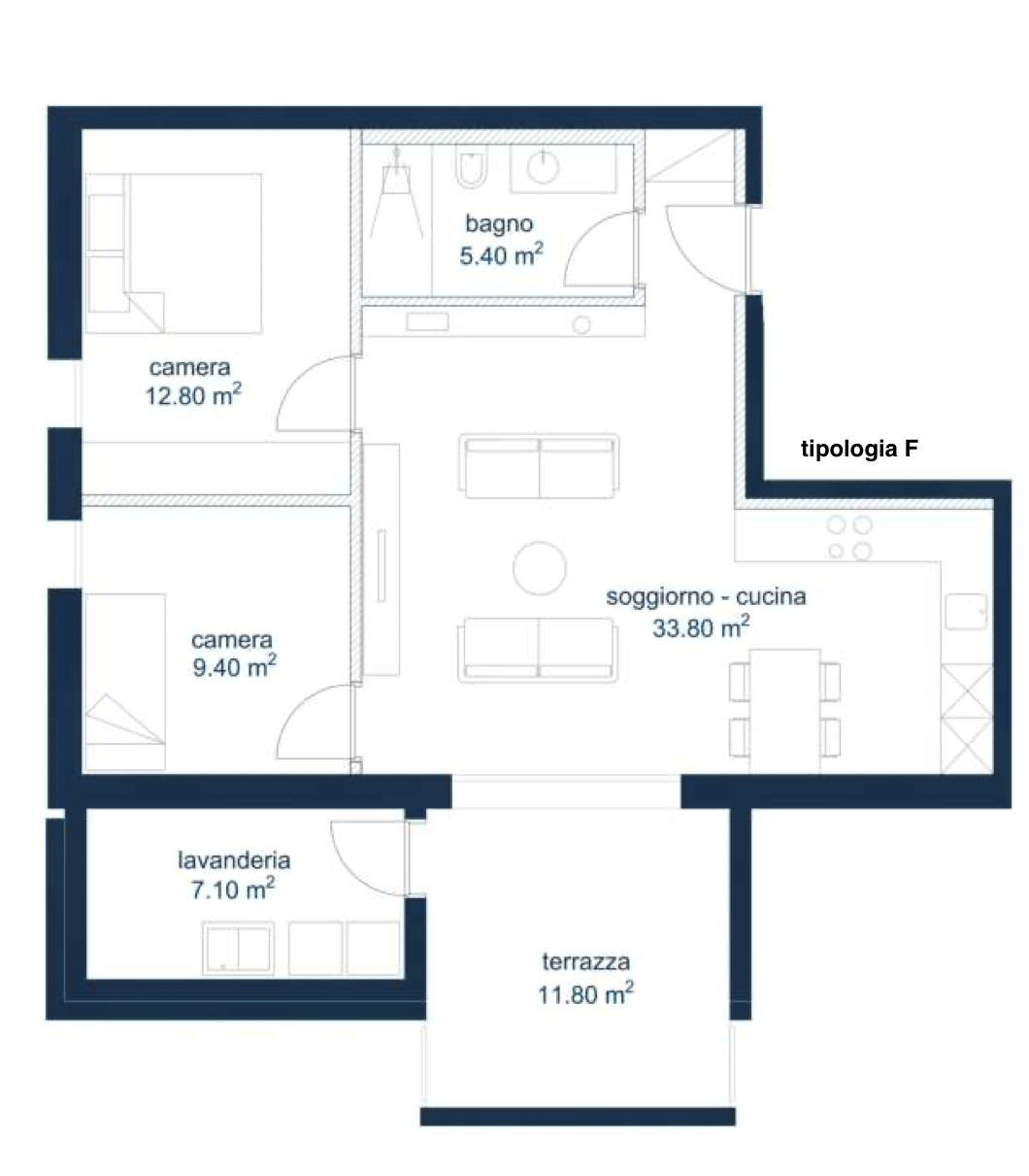 Grundriss einer Wohnung mit Wohnküche, Schlafzimmern, Bad, Waschküche und Terrasse