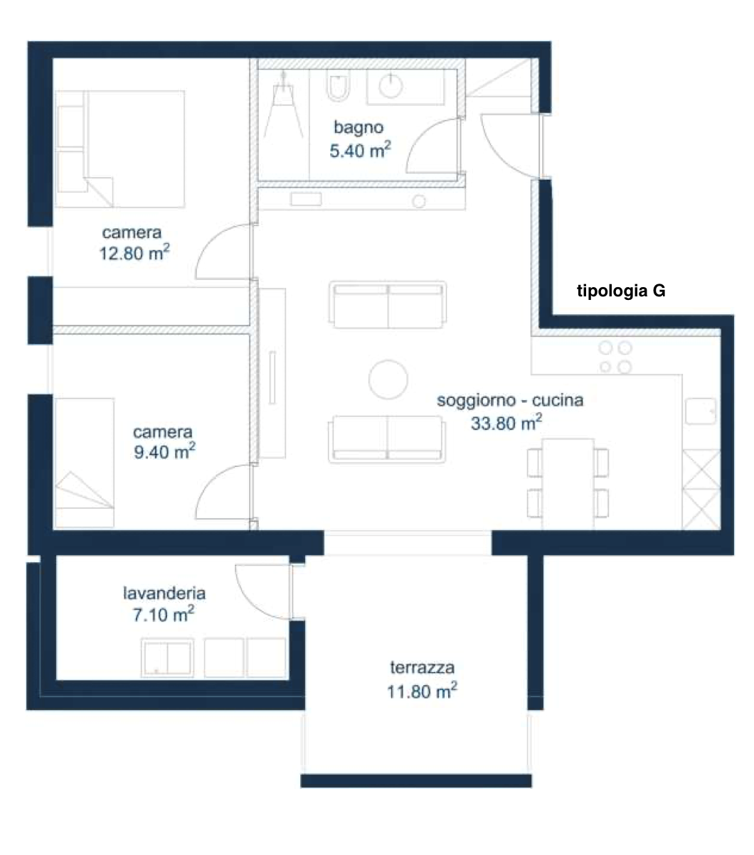 Grundriss einer Wohnung mit zwei Schlafzimmern, Bad, Wohnküche, Waschküche und Terrasse.