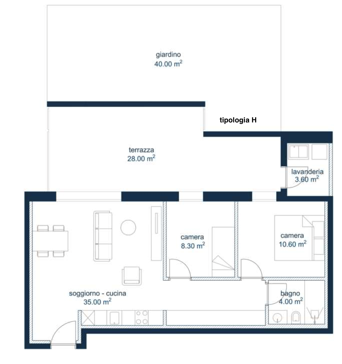 Grundriss einer Wohnung mit Garten und Terrasse