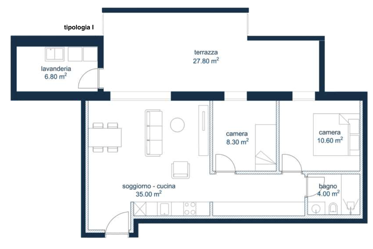 Grundriss einer Wohneinheit mit Terrasse, Waschküche, Wohnküche, zwei Zimmern und Bad