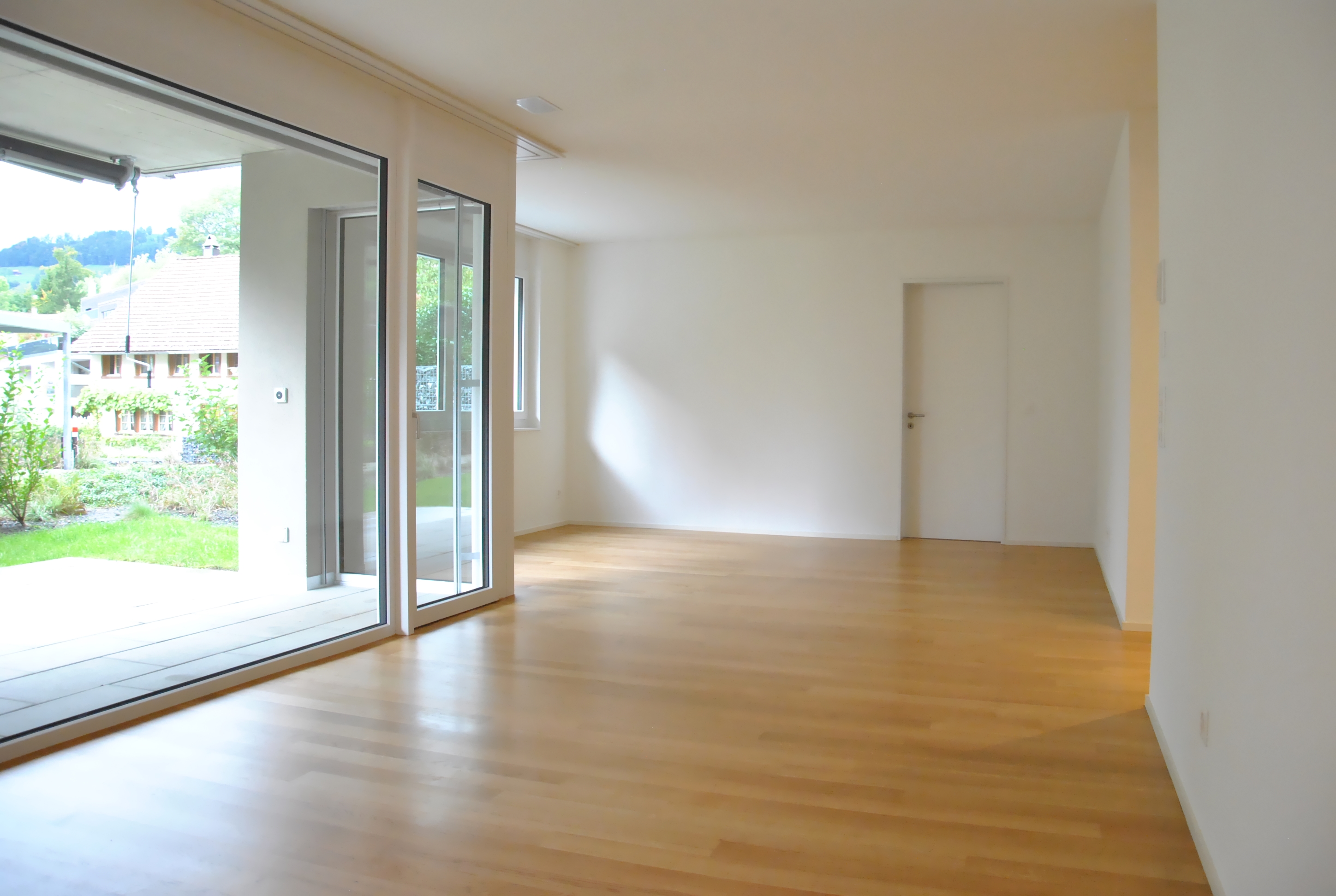 Heller leerer Wohnraum mit großer Glasfront