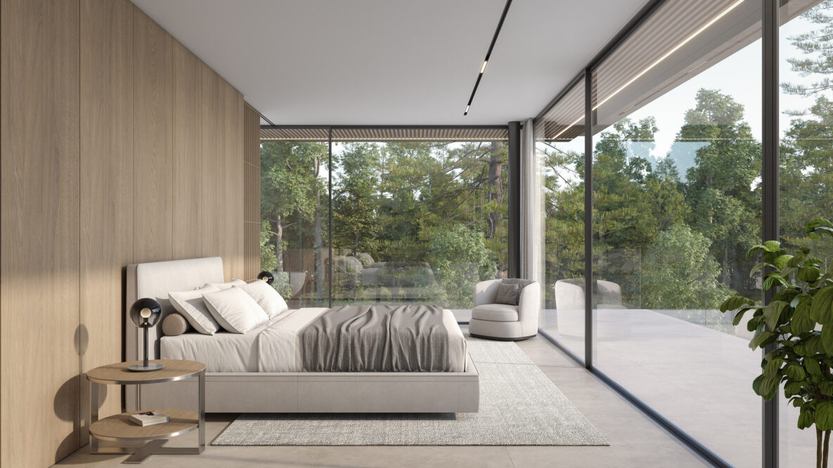 Modernes Schlafzimmer mit Panoramaverglasung