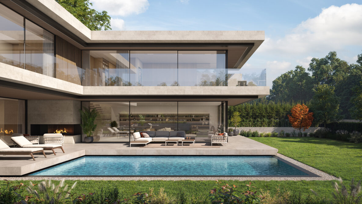 Moderner Luxusaußenbereich mit Pool und großer Glasfassade