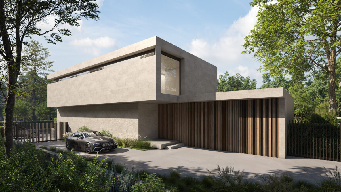 Modernes minimalistisches Einfamilienhaus mit Carport und Zufahrt