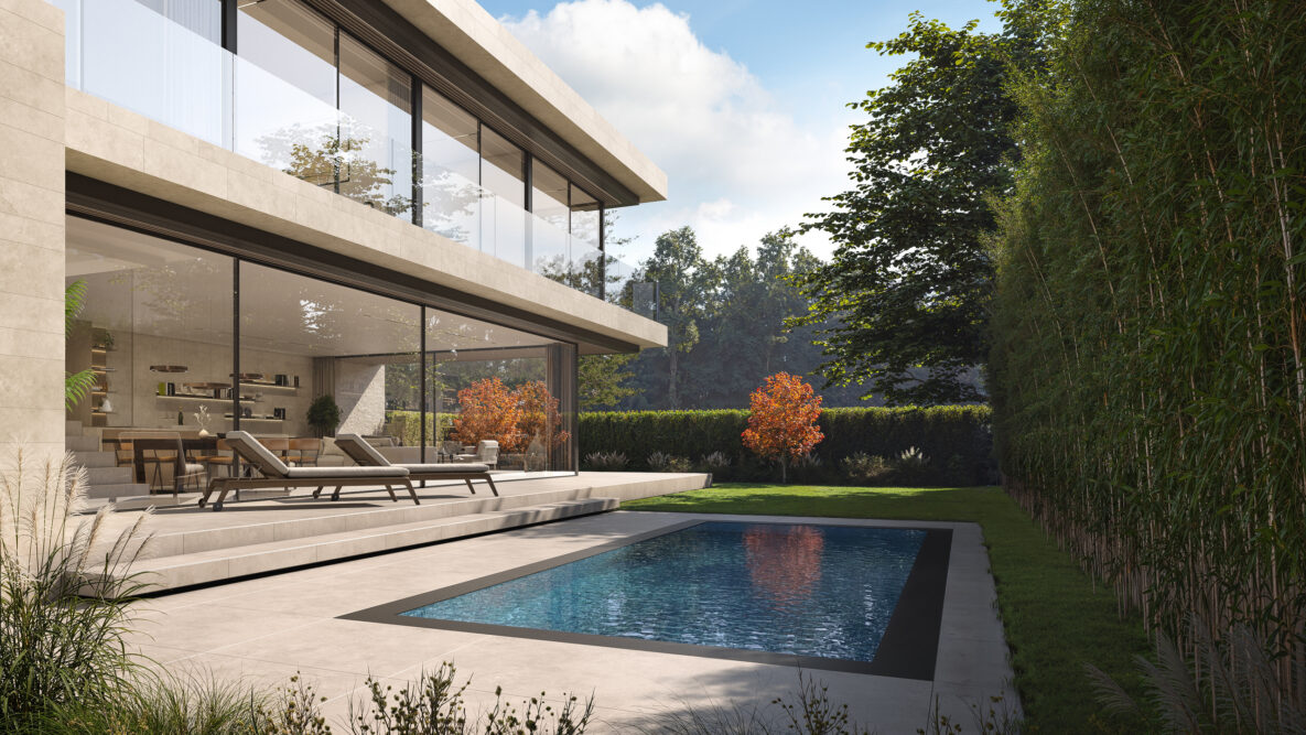 Moderner Villengarten mit Pool