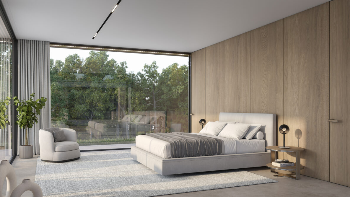 Modernes Schlafzimmer mit großer Fensterfront
