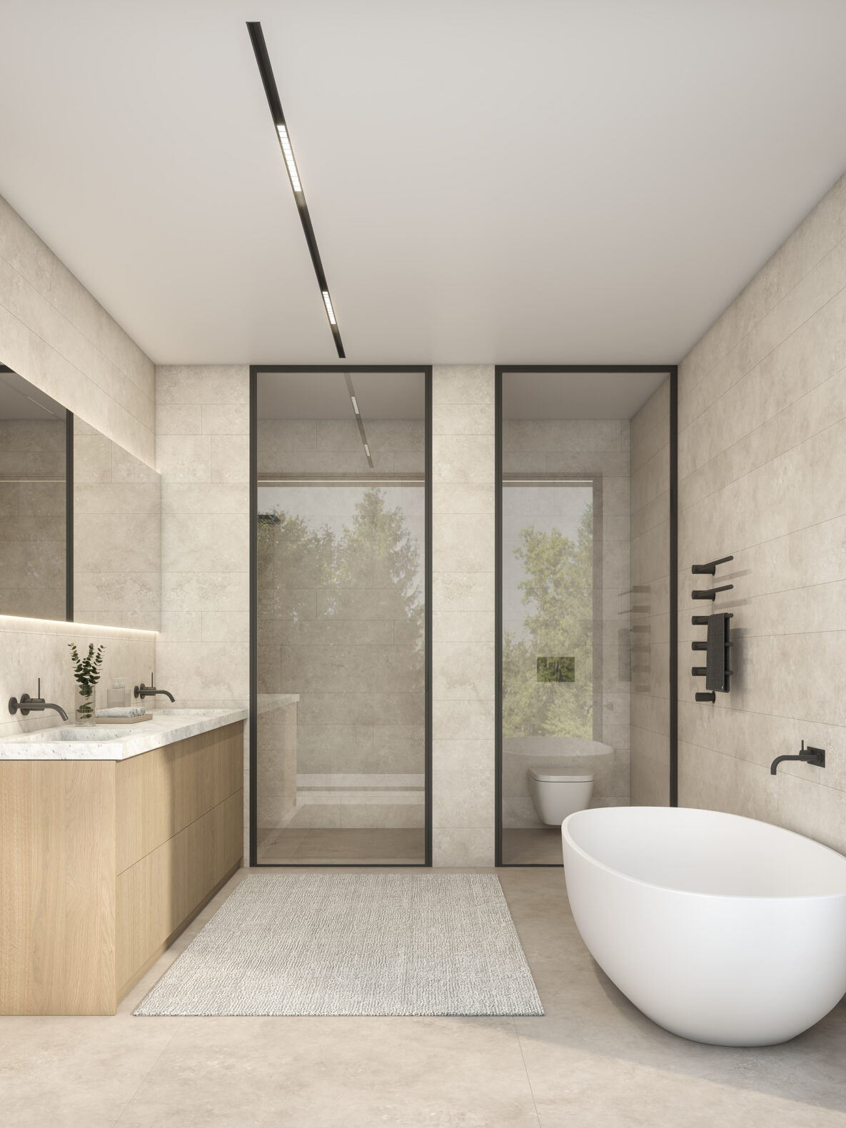 Modernes Badezimmer mit freistehender Wanne und Glasdusche