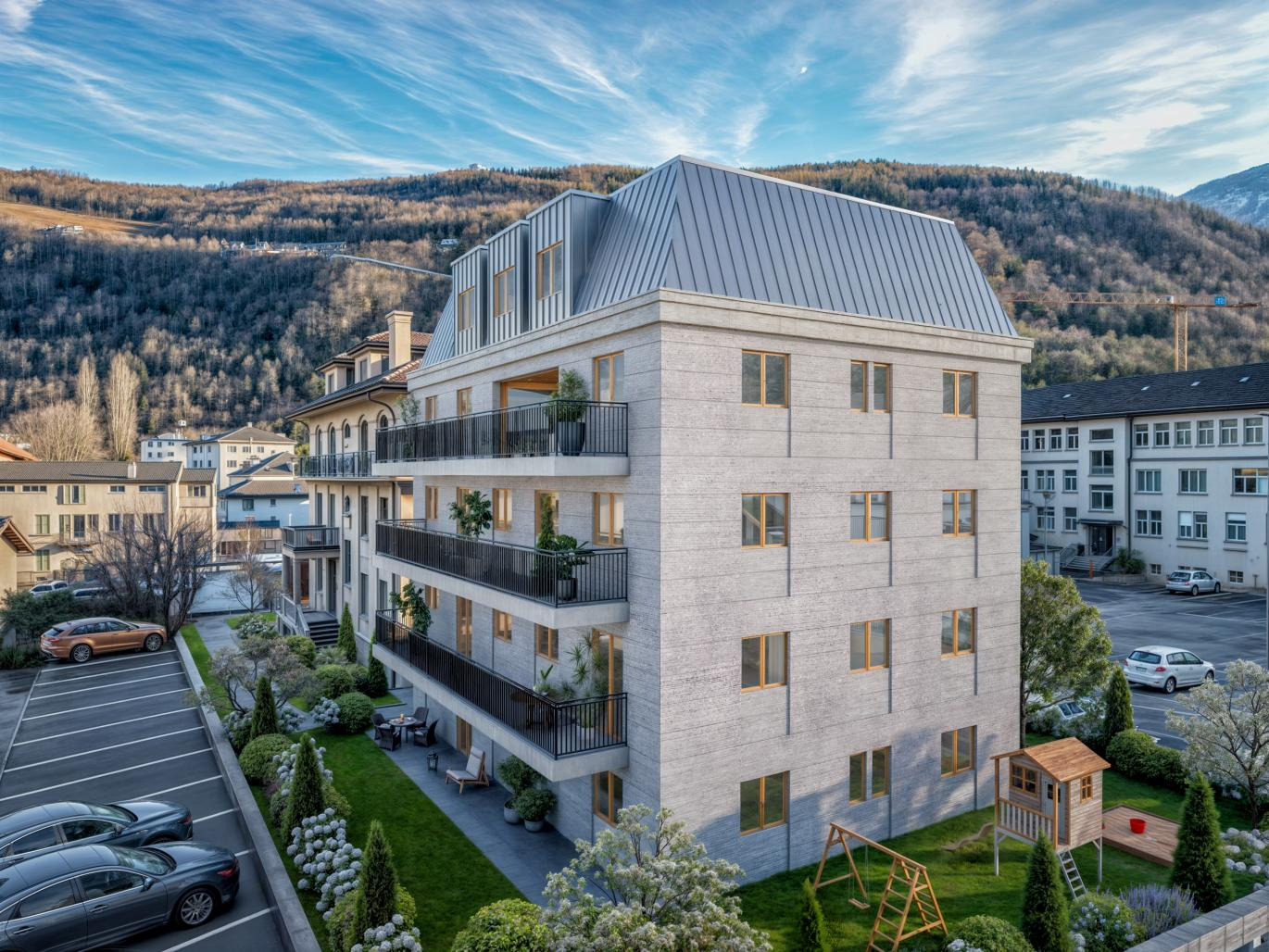 Modernes Mehrfamilienhaus mit Hanglage und Alpenblick