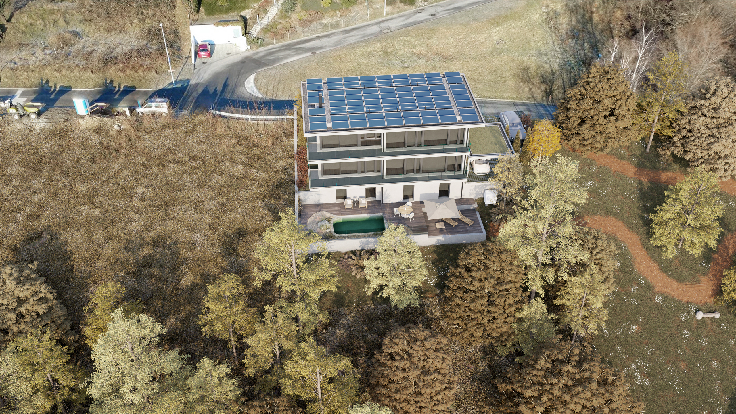 Luftaufnahme eines modernen Hauses mit Dachsolaranlage