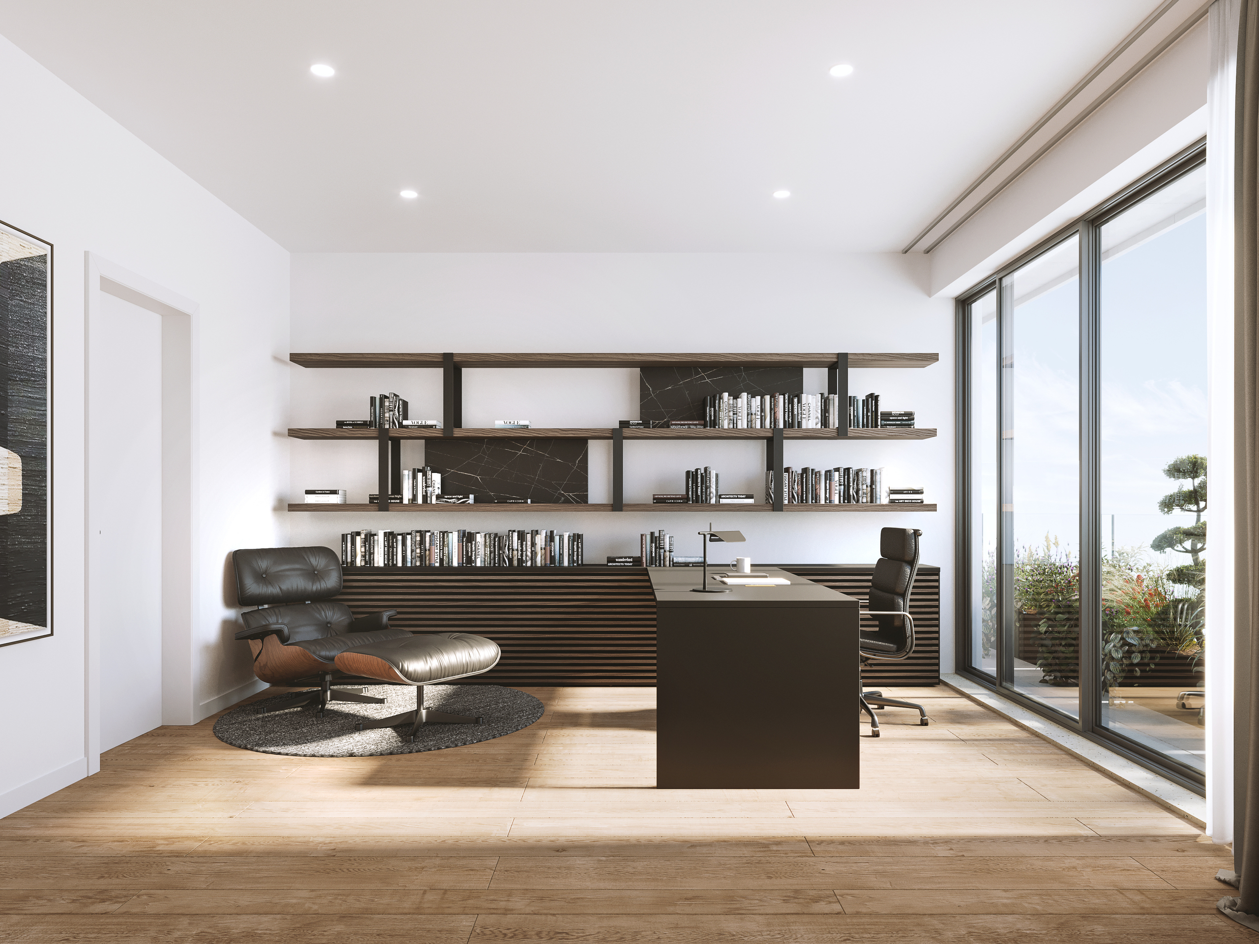 Modernes Arbeitszimmer mit bodentiefen Fenstern