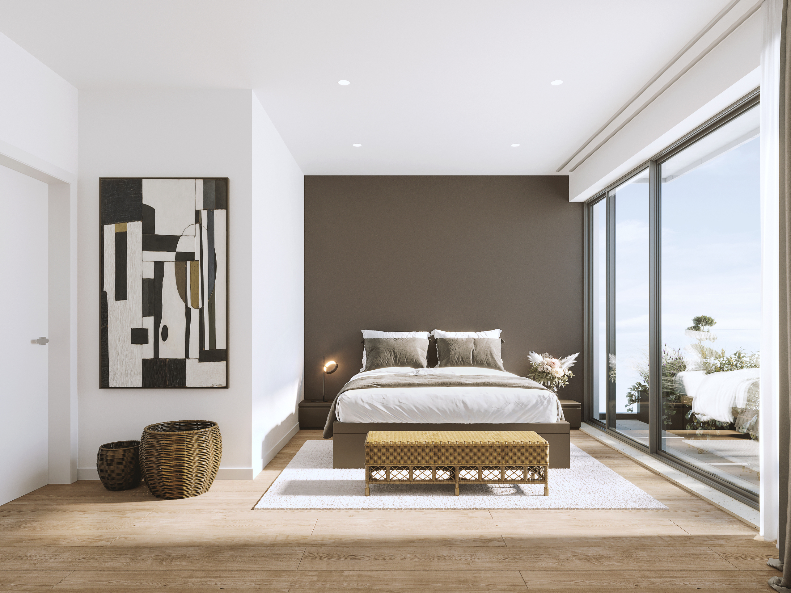 Modernes Schlafzimmer mit großem Glasfenster und Balkonblick