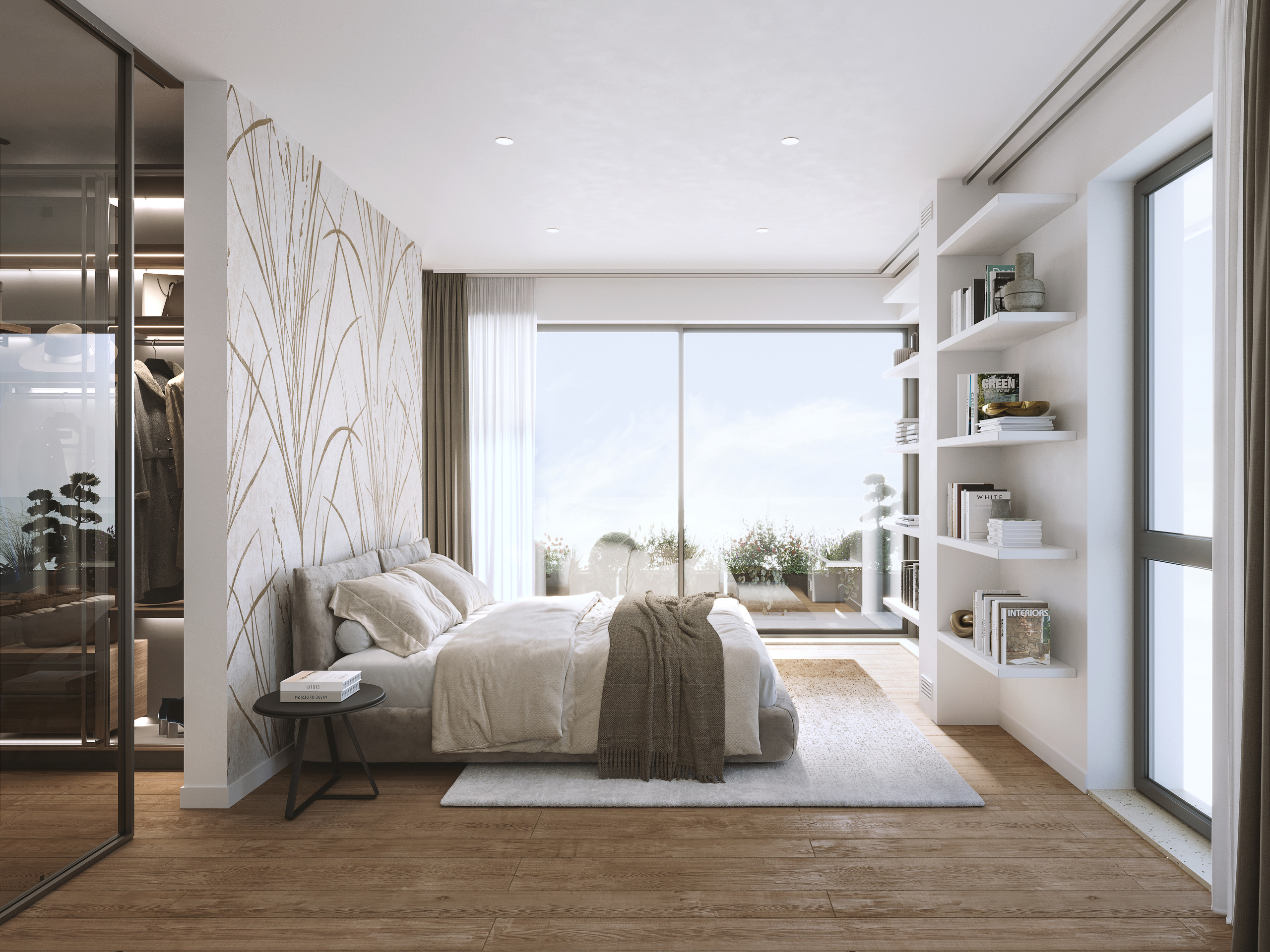 Modernes Schlafzimmer mit Balkonblick