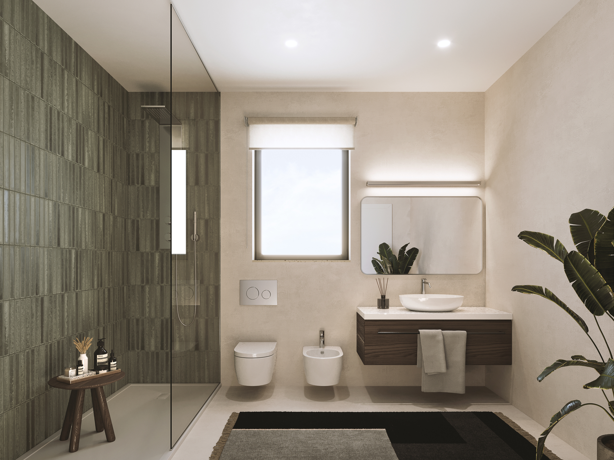 Modernes Badezimmer mit Walk-in-Dusche und Doppelwaschplatz