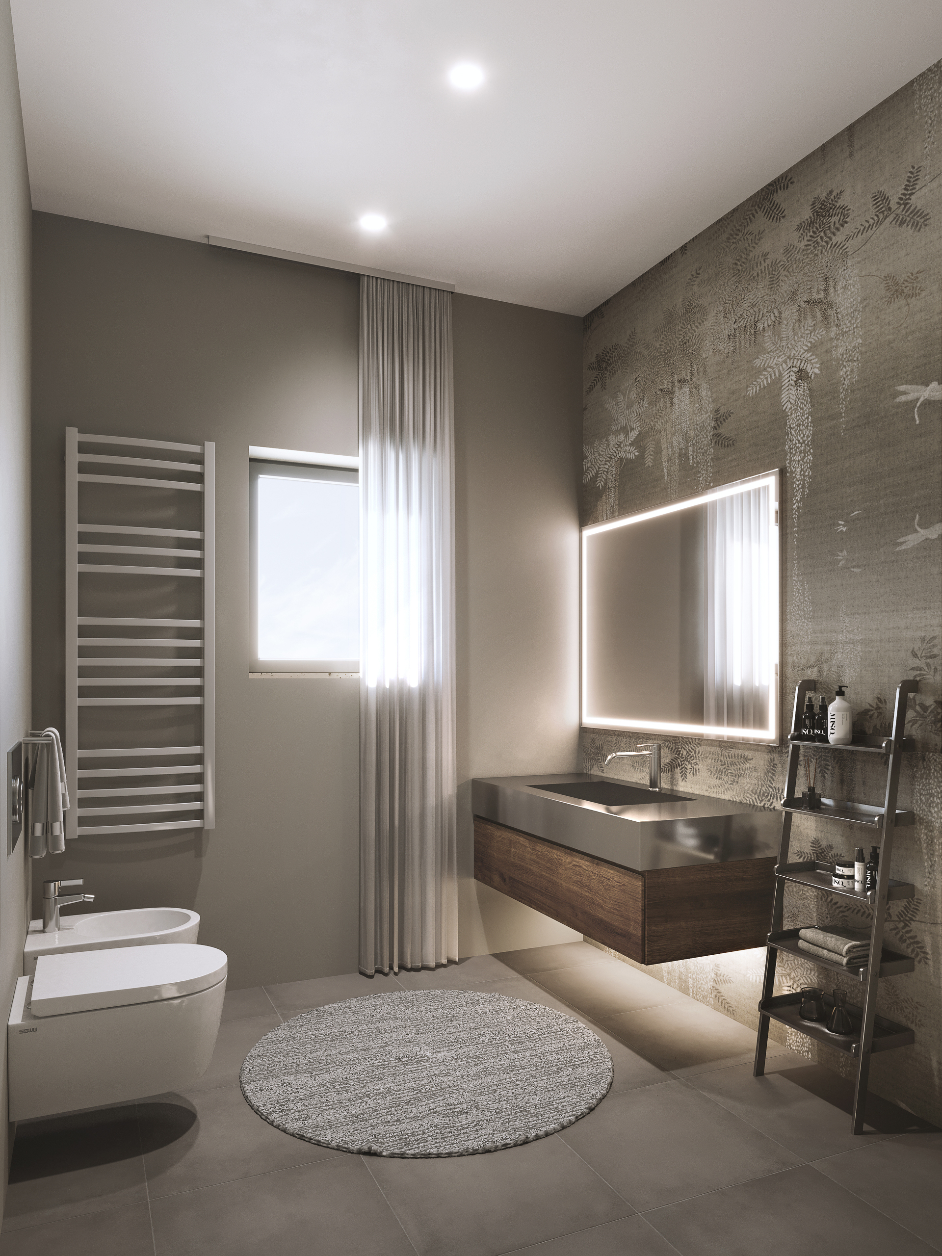 Modernes Badezimmer mit LED-Spiegel und Wand-WC