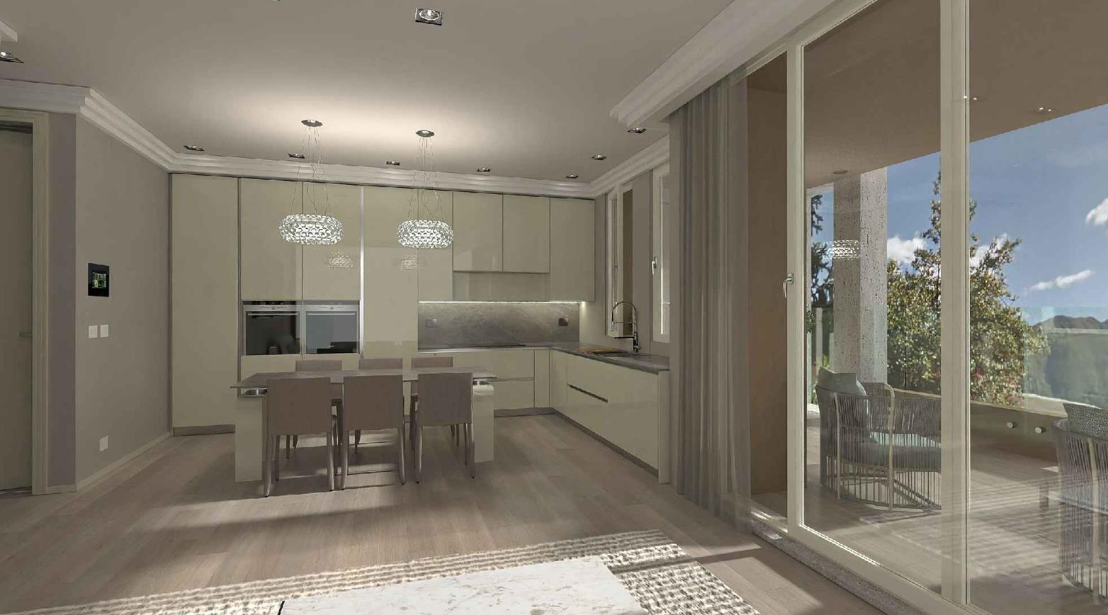 Offene moderne Küche mit Essbereich und Terrassenzugang