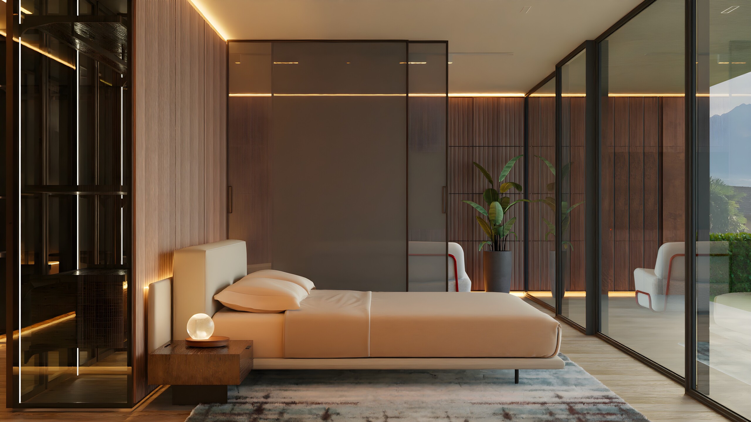Modernes Schlafzimmer mit Glasfront