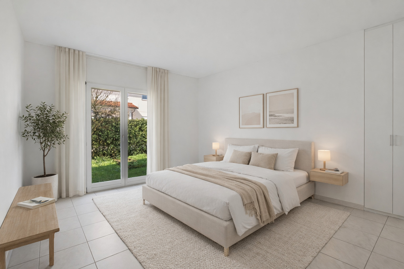 Helles, minimalistisches Schlafzimmer mit Gartenblick