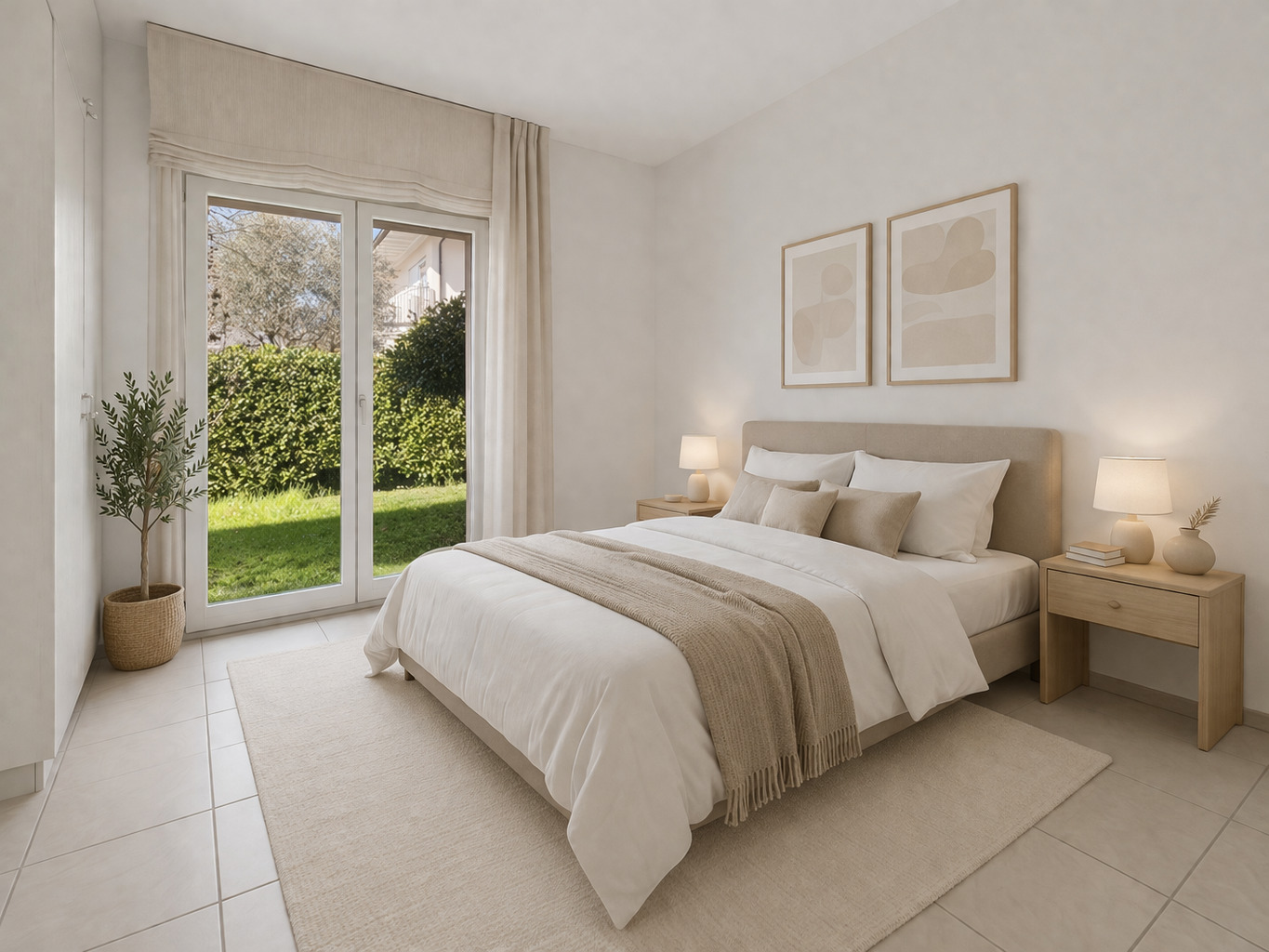 Helles, minimalistisch eingerichtetes Schlafzimmer mit Gartenzugang