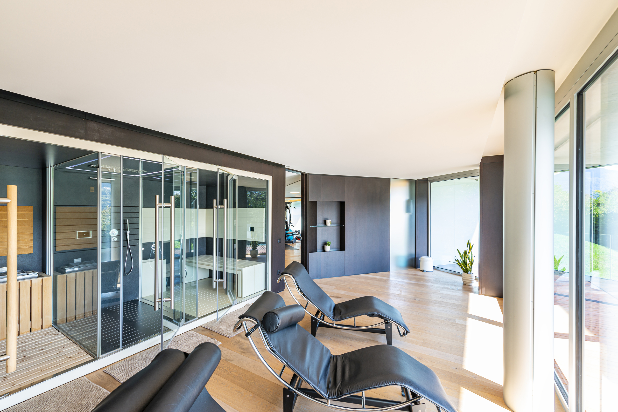 Moderne Wellness-Lounge mit Glasdusche