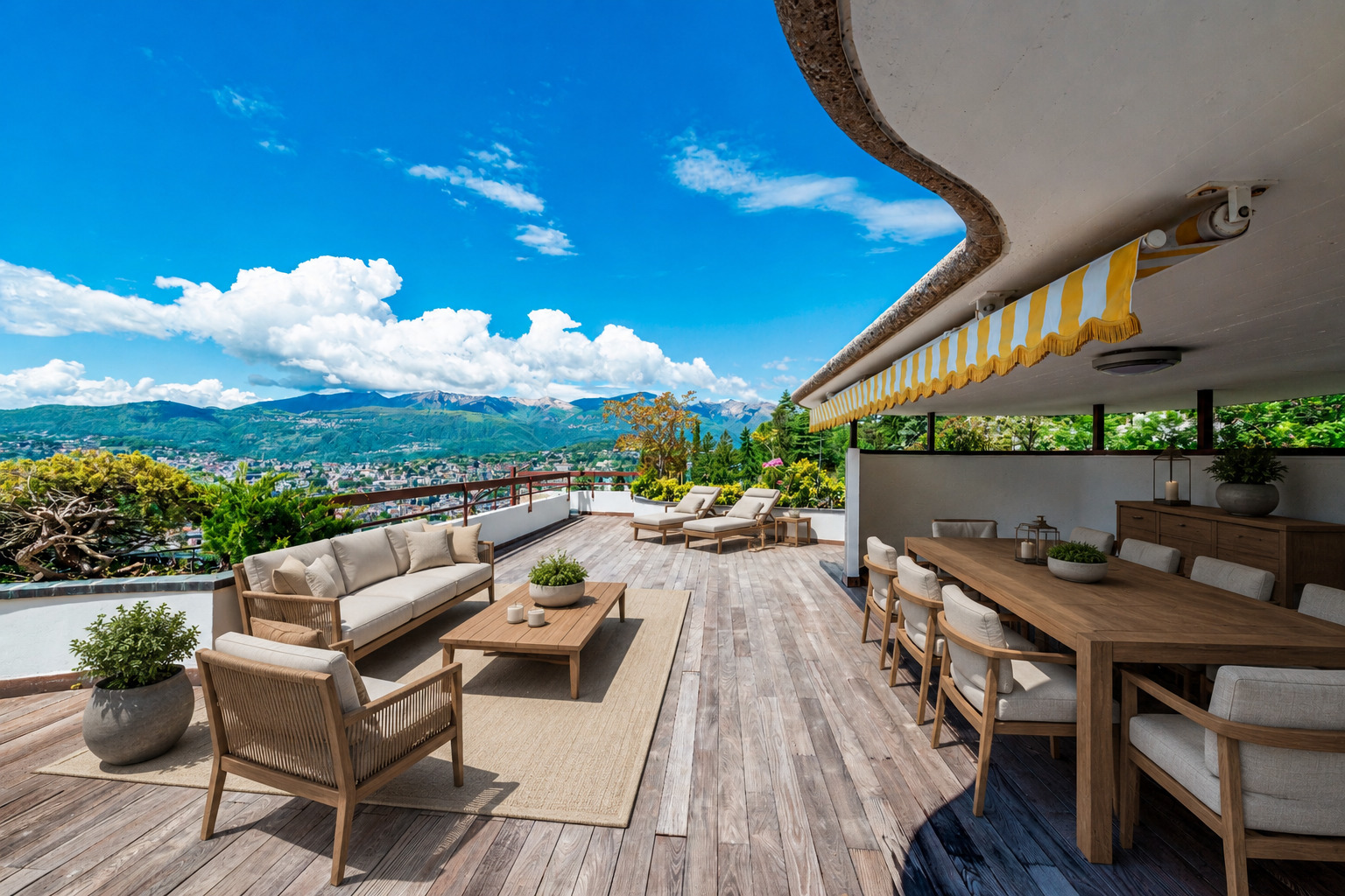Terrasse mit Bergpanorama und Lounge-Möbeln