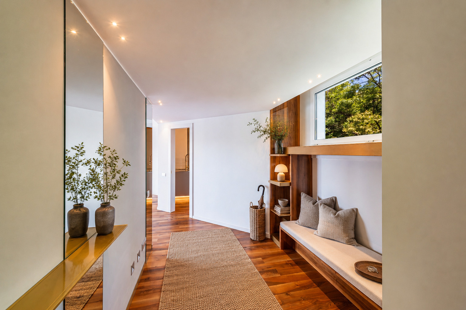 Heller Flur mit Sitznische und Holzdetails