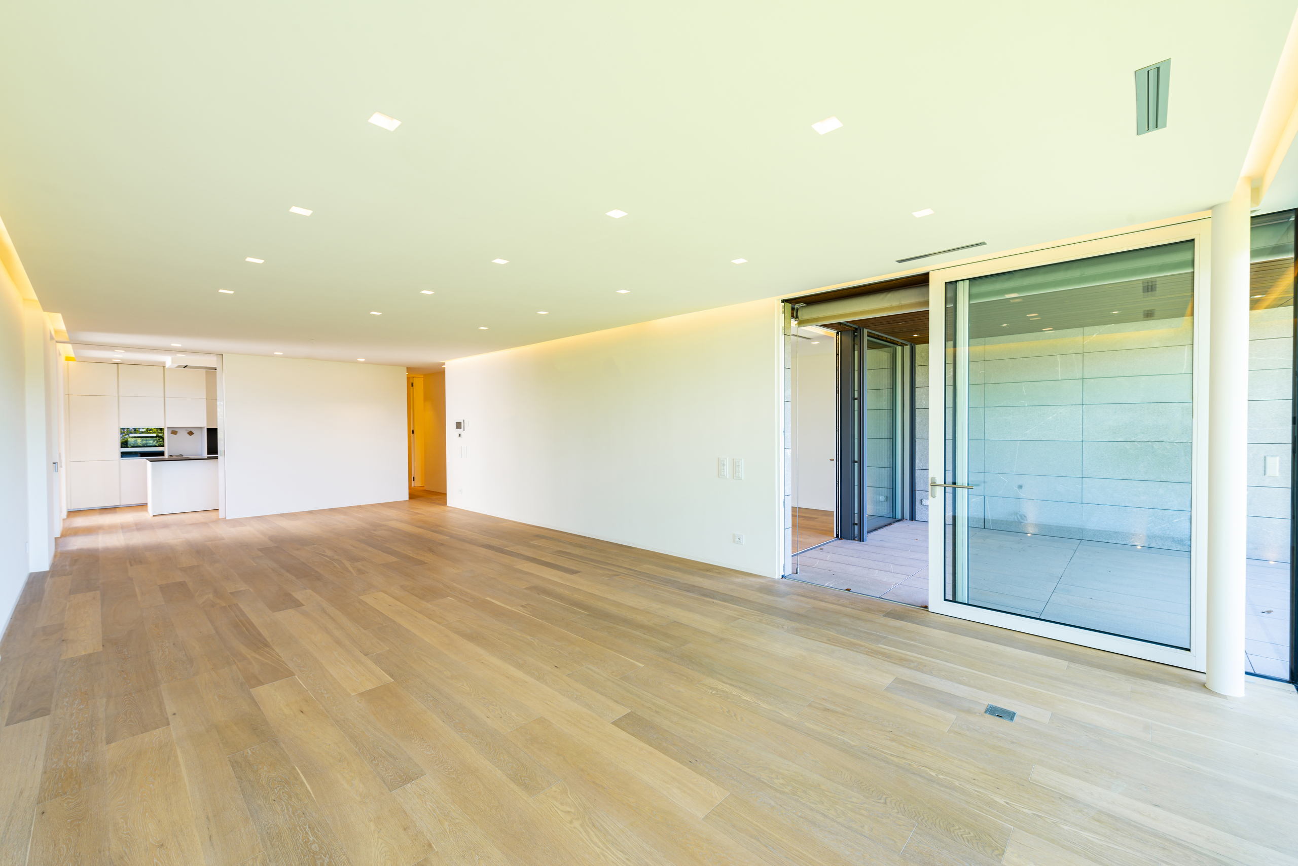 Heller, leerer Wohnbereich mit Holzfußboden und großer Fensterfront