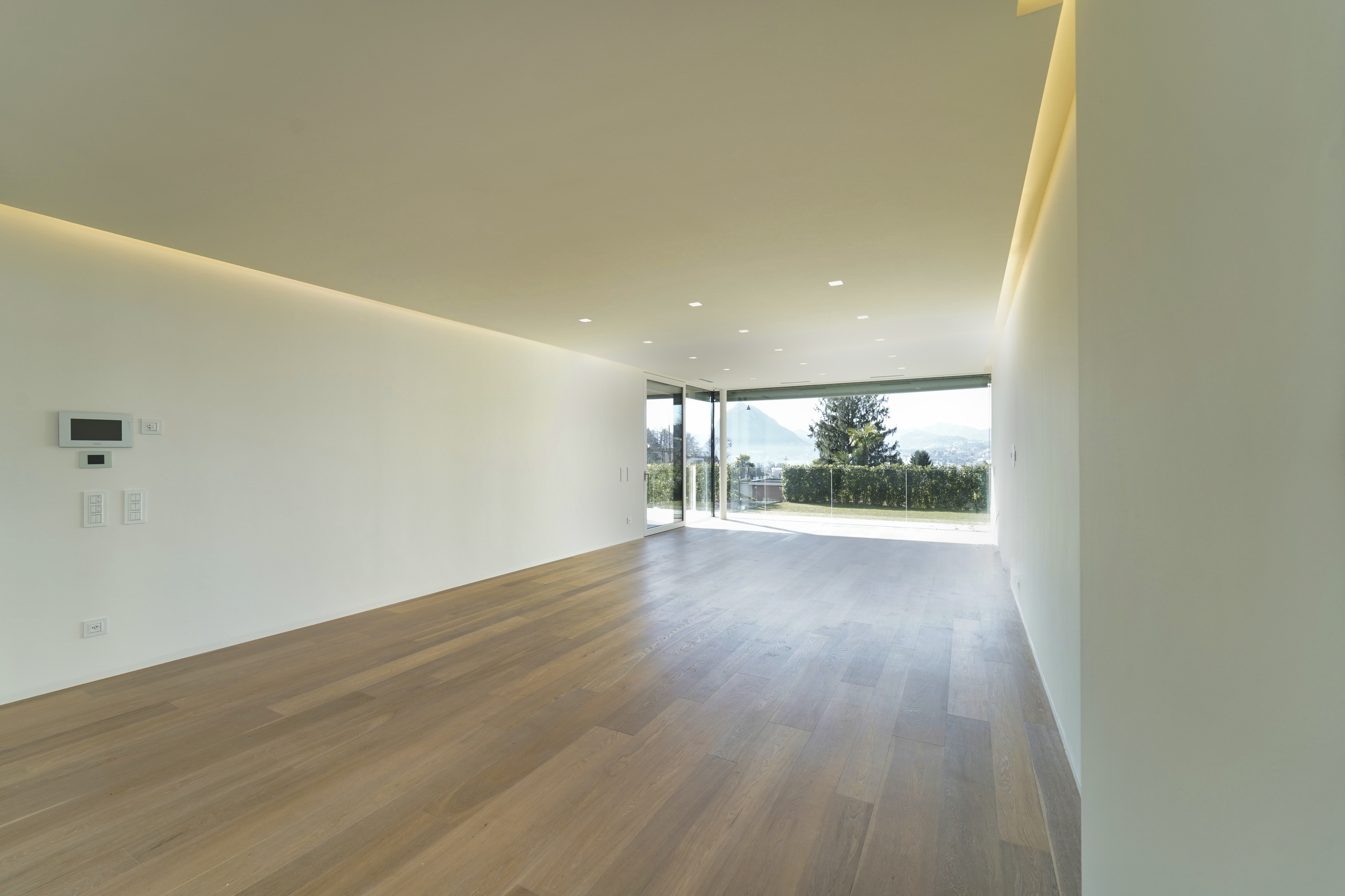 Heller, leerer Wohnraum mit Gartenblick