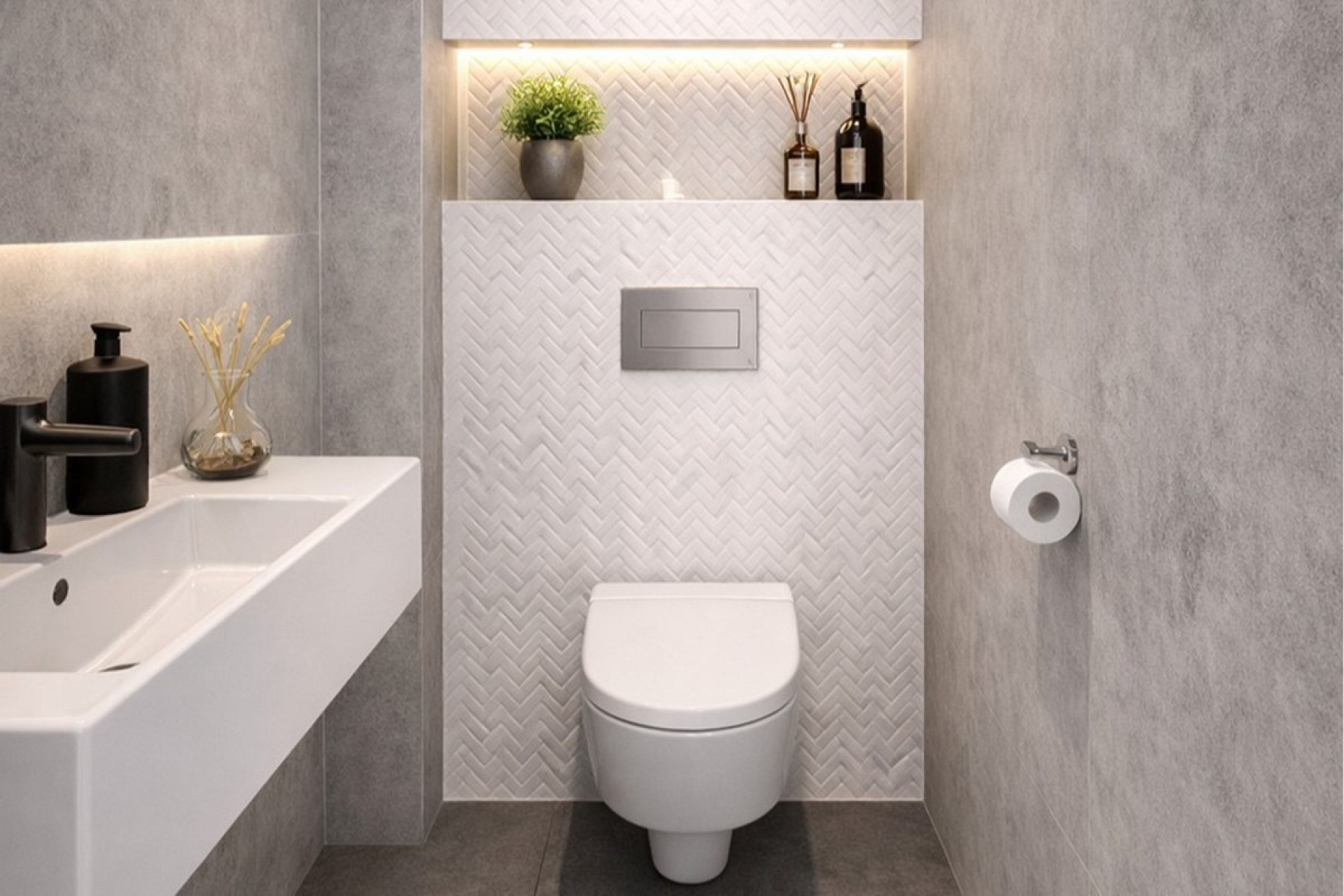 Modernes Gäste-WC mit Wand-WC und Waschtisch