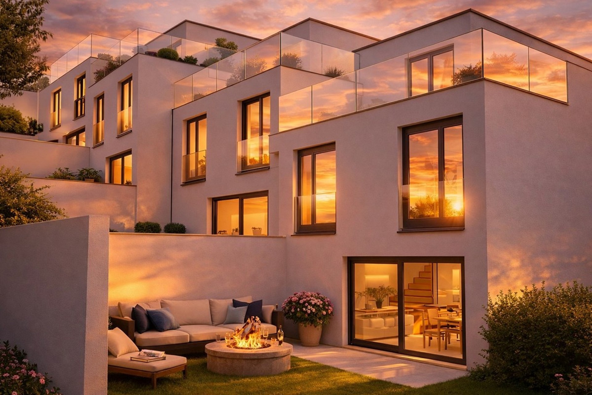 Modernes Stadthaus mit Dachterrassen bei Sonnenuntergang