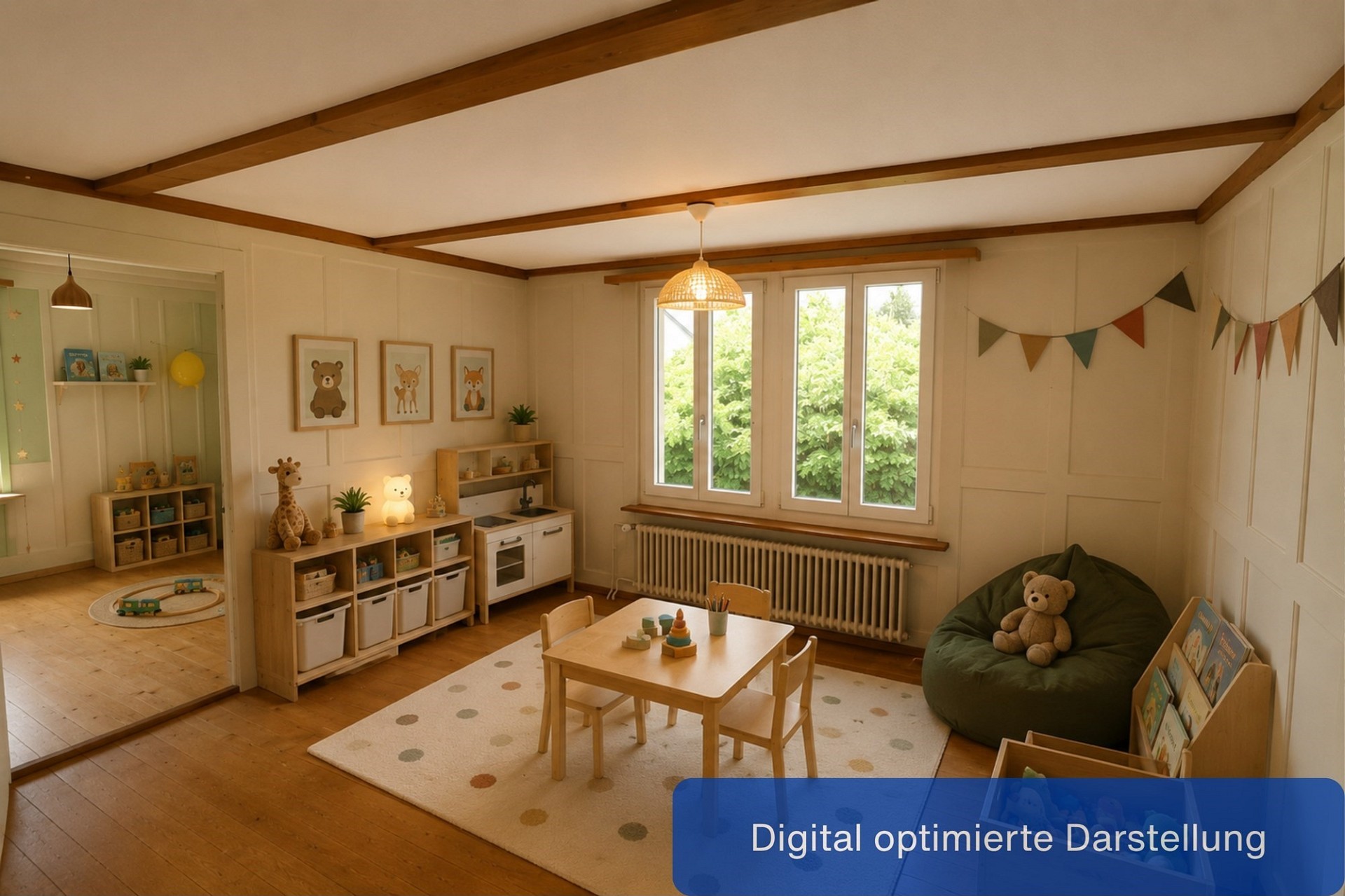 Kinderspielzimmer mit Holzdecke und Naturtönen